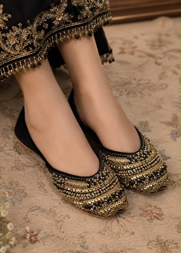 Premium Embroidered Ladies Khussa with Beadwork- Black