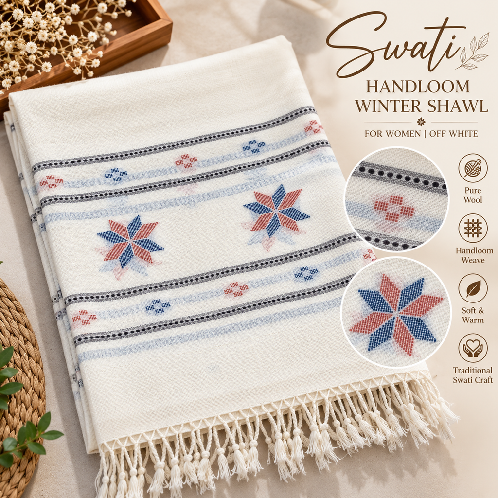 Women’s Swati Handloom Winter Shawl – Off-White with Blue & Rust Floral Geometric Design