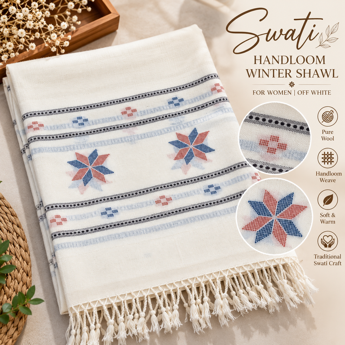 Women’s Swati Handloom Winter Shawl – Off-White with Blue & Rust Floral Geometric Design