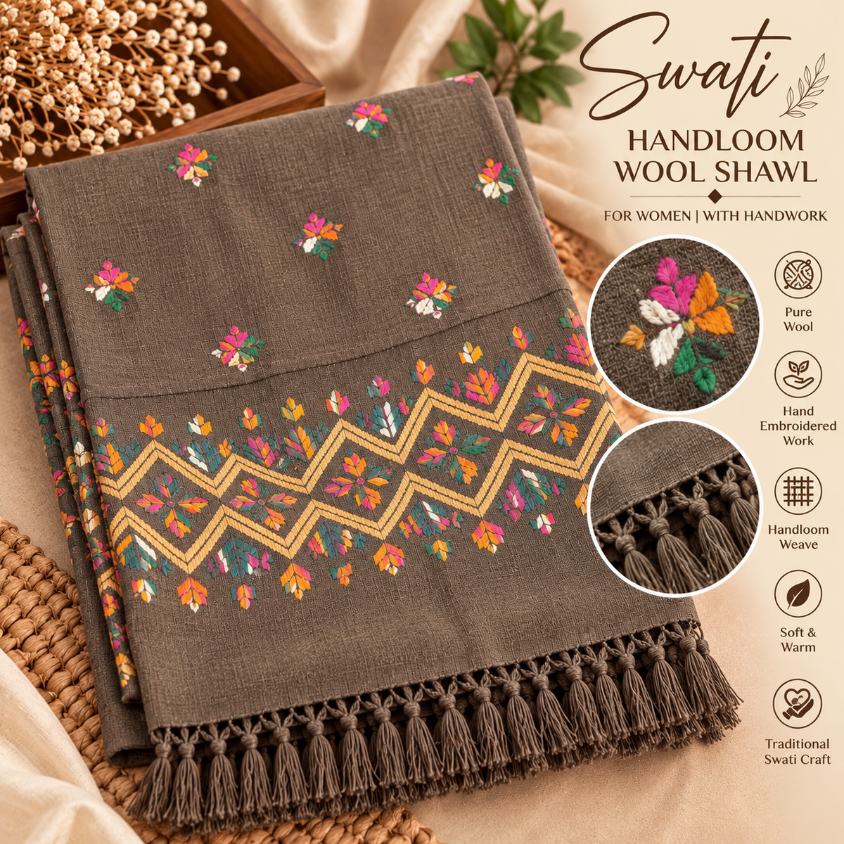 Women’s Brown Swati Handloom Wool Shawl with Multicolor Hand Embroidery