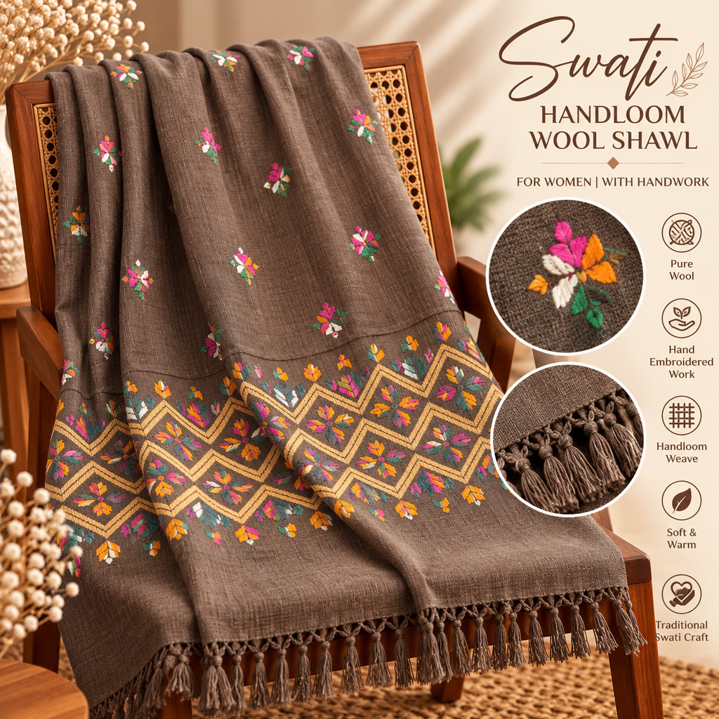 Women’s Brown Swati Handloom Wool Shawl with Multicolor Hand Embroidery