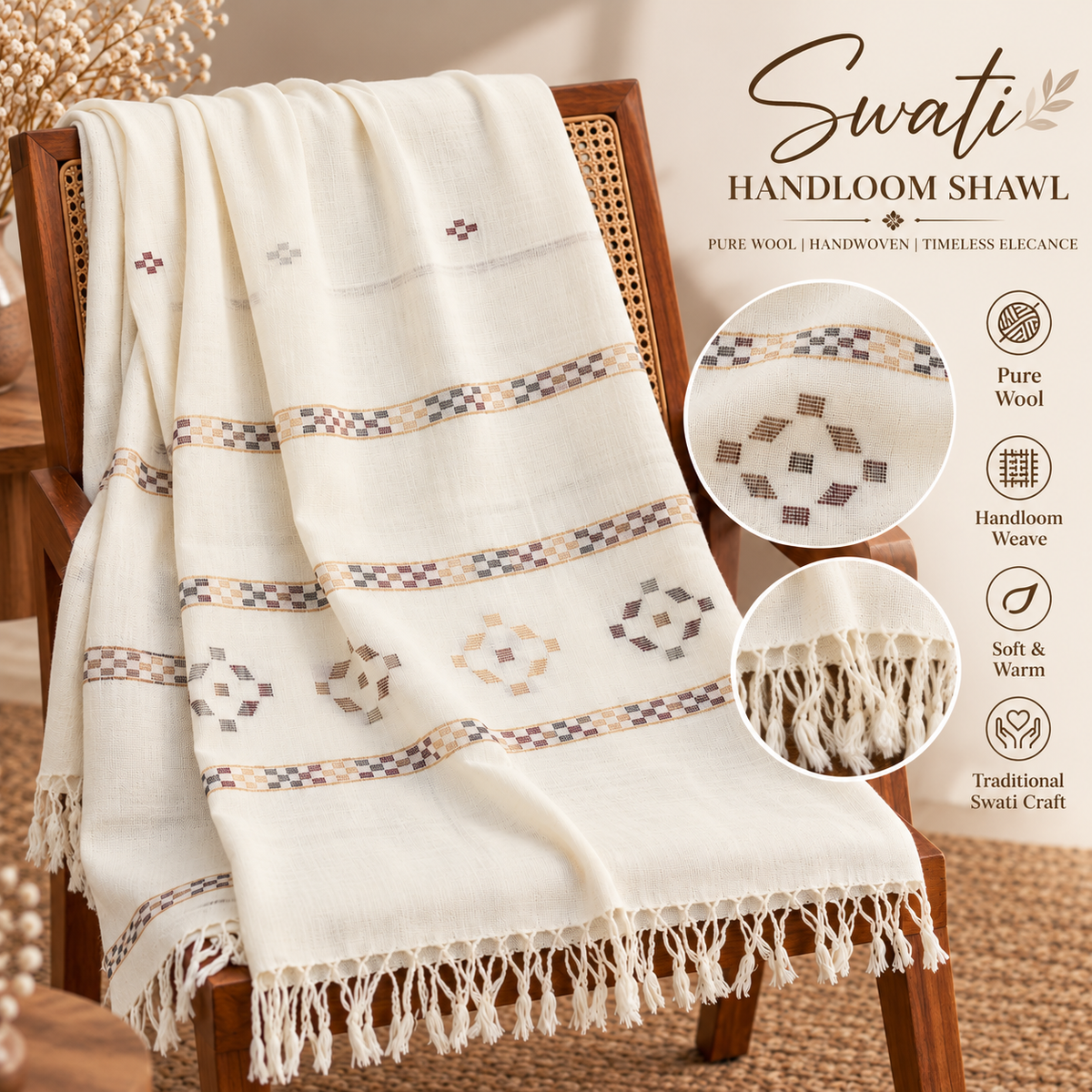 Women’s Swati Handloom Wool Shawl – Traditional  Design