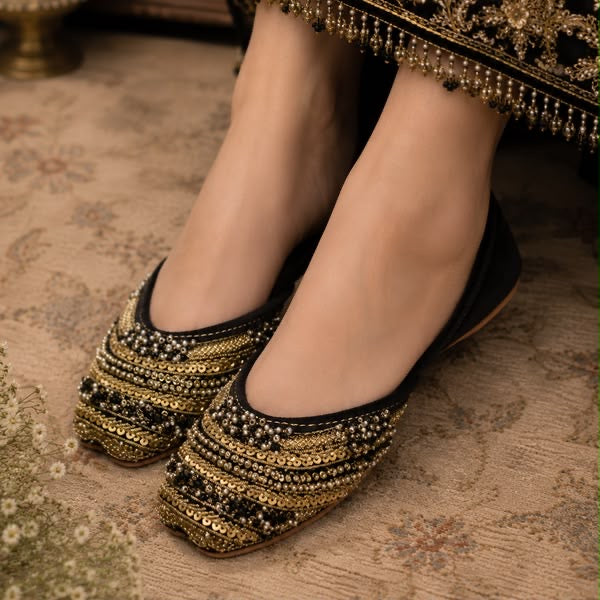 Premium Embroidered Ladies Khussa with Beadwork- Black