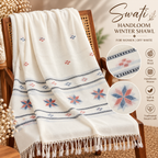 Women’s Swati Handloom Winter Shawl – Off-White with Blue & Rust Floral Geometric Design
