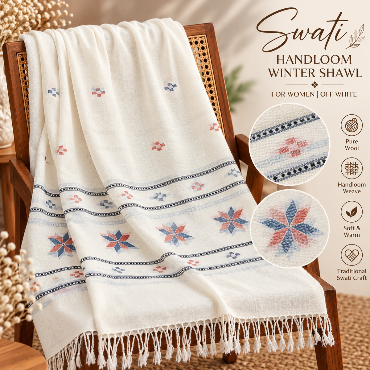 Women’s Swati Handloom Winter Shawl – Off-White with Blue & Rust Floral Geometric Design