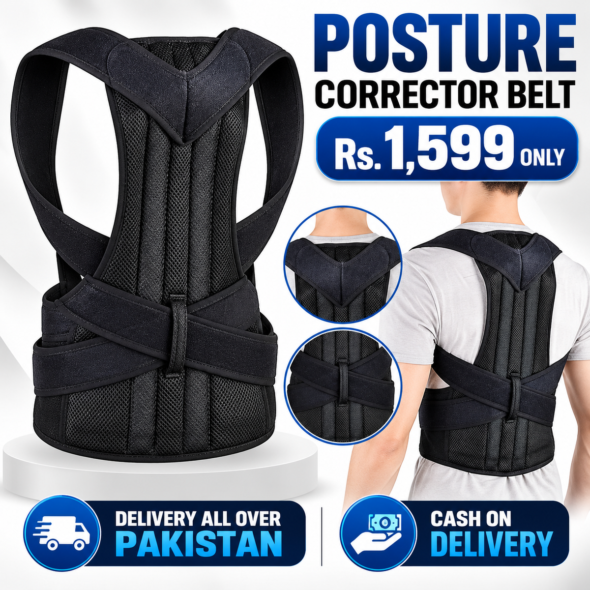 POSTURE CORRECTOR BELT FOR MEN & WOMEN – ADJUSTABLE BACK SUPPORT BELT, BLACK