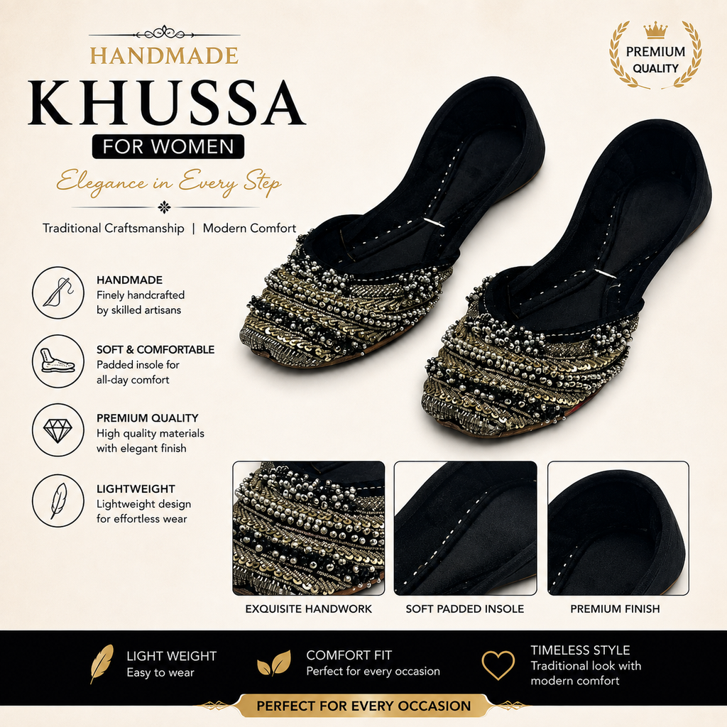 Premium Handmade Black Khussa for Women – Soft & Comfortable Traditional Footwear