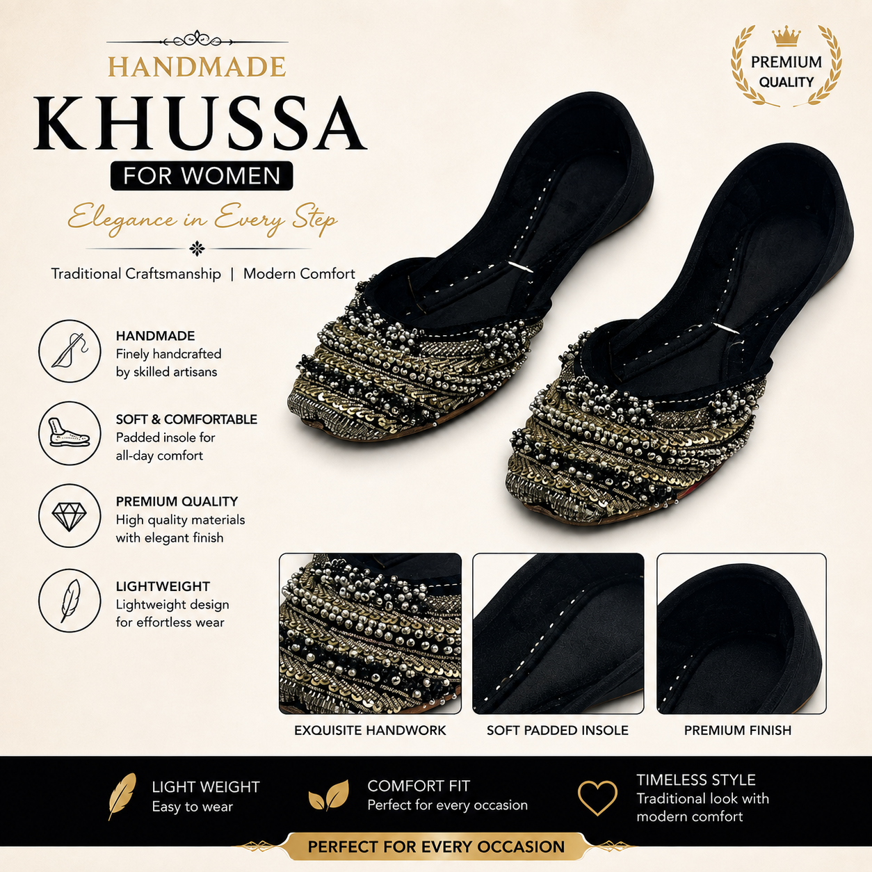 Premium Handmade Black Khussa for Women – Soft & Comfortable Traditional Footwear