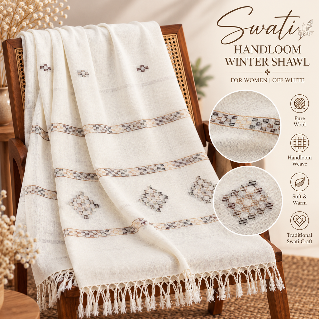 Women’s Swati Handloom Wool Shawl – Off-White with Traditional Brown Geometric Borders
