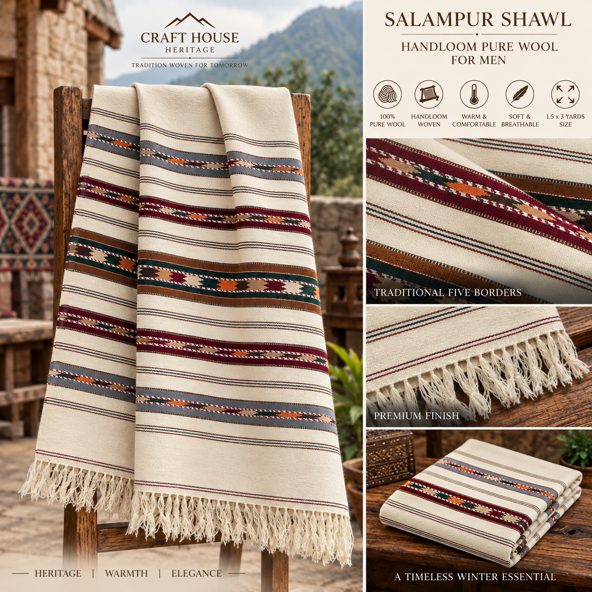 Australian Wool Five Borders Handloom Shawl for Men