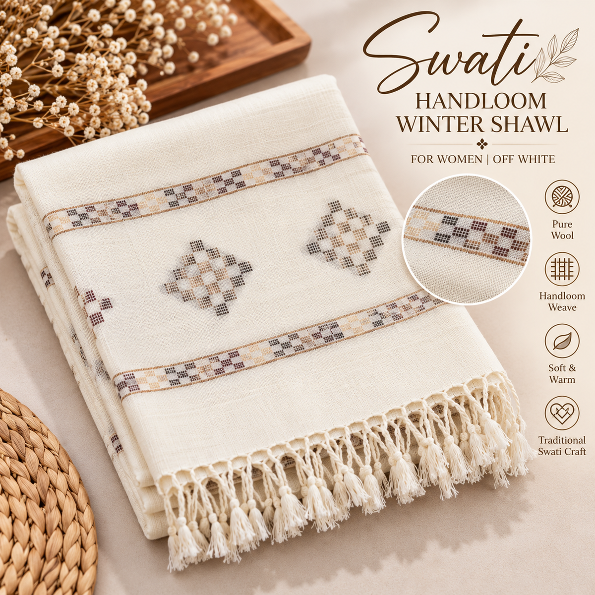Women’s Swati Handloom Wool Shawl – Traditional  Design