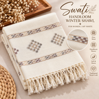 Women’s Swati Handloom Wool Shawl – Off-White with Traditional Brown Geometric Borders