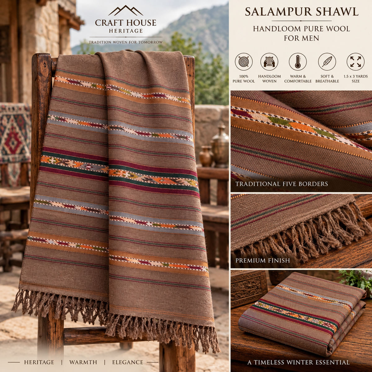 Australian Wool Five Borders Handloom Shawl for Men