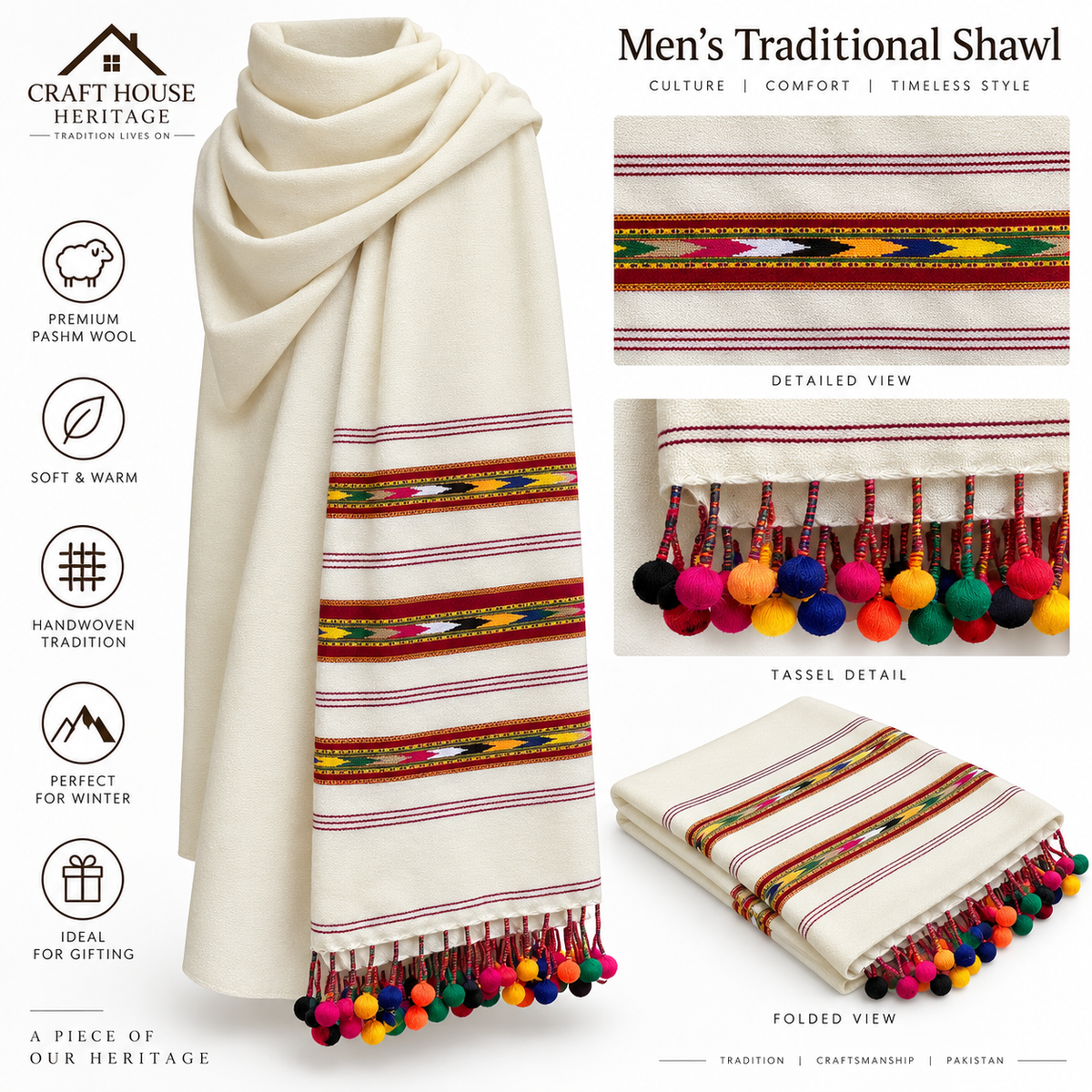 Handloom Shawl for Men with balls tassels- off white