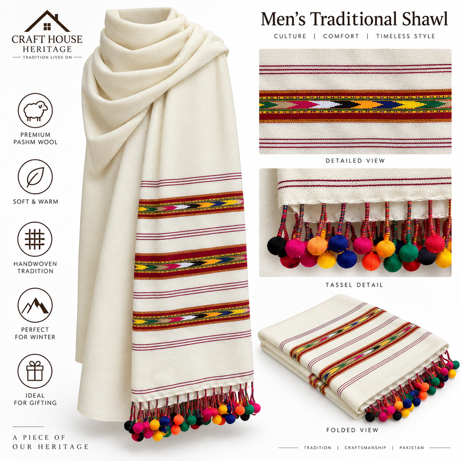Handloom Shawl for Men with balls tassels- off white