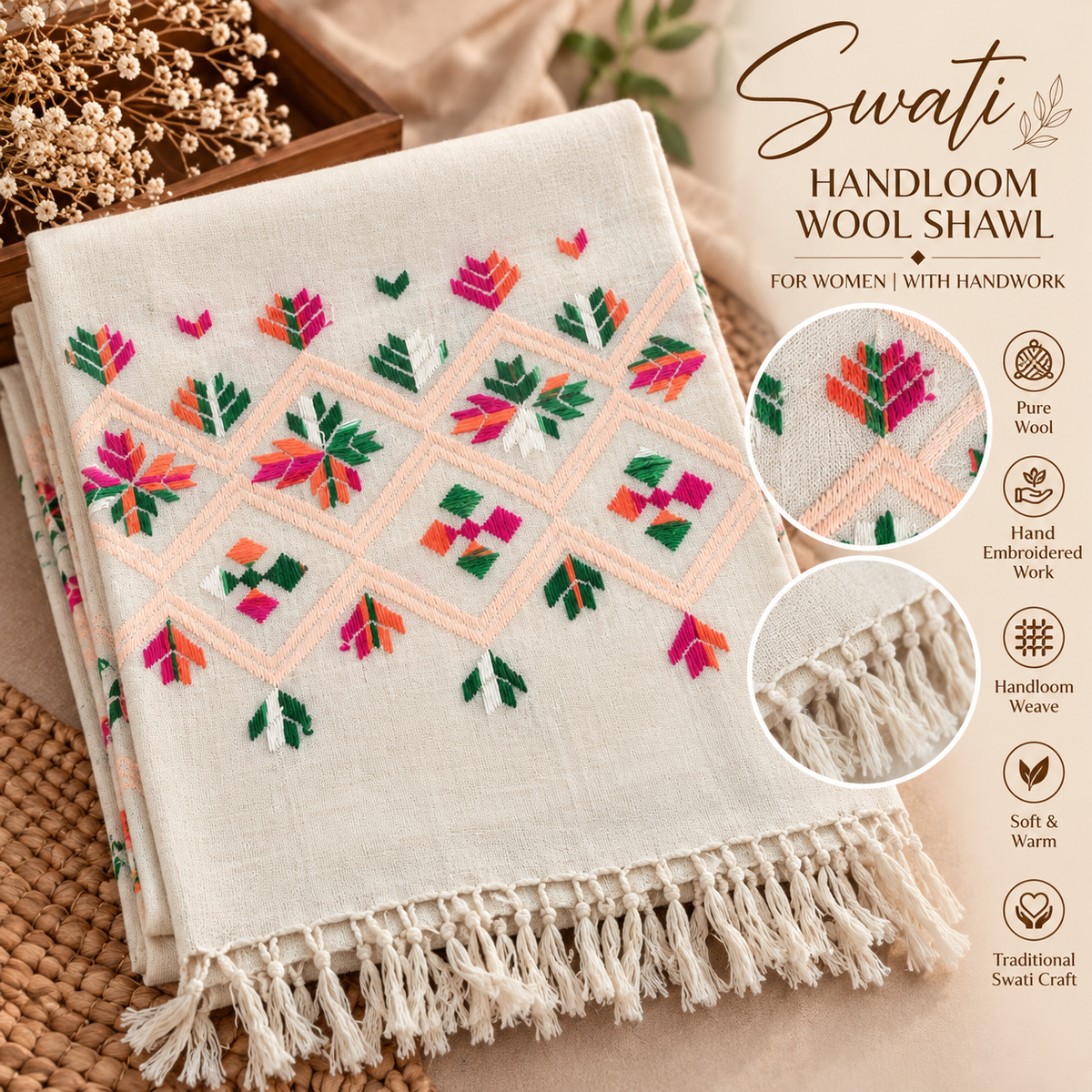 Women’s Swati Handloom Wool Shawl with Multicolor Hand Embroidery