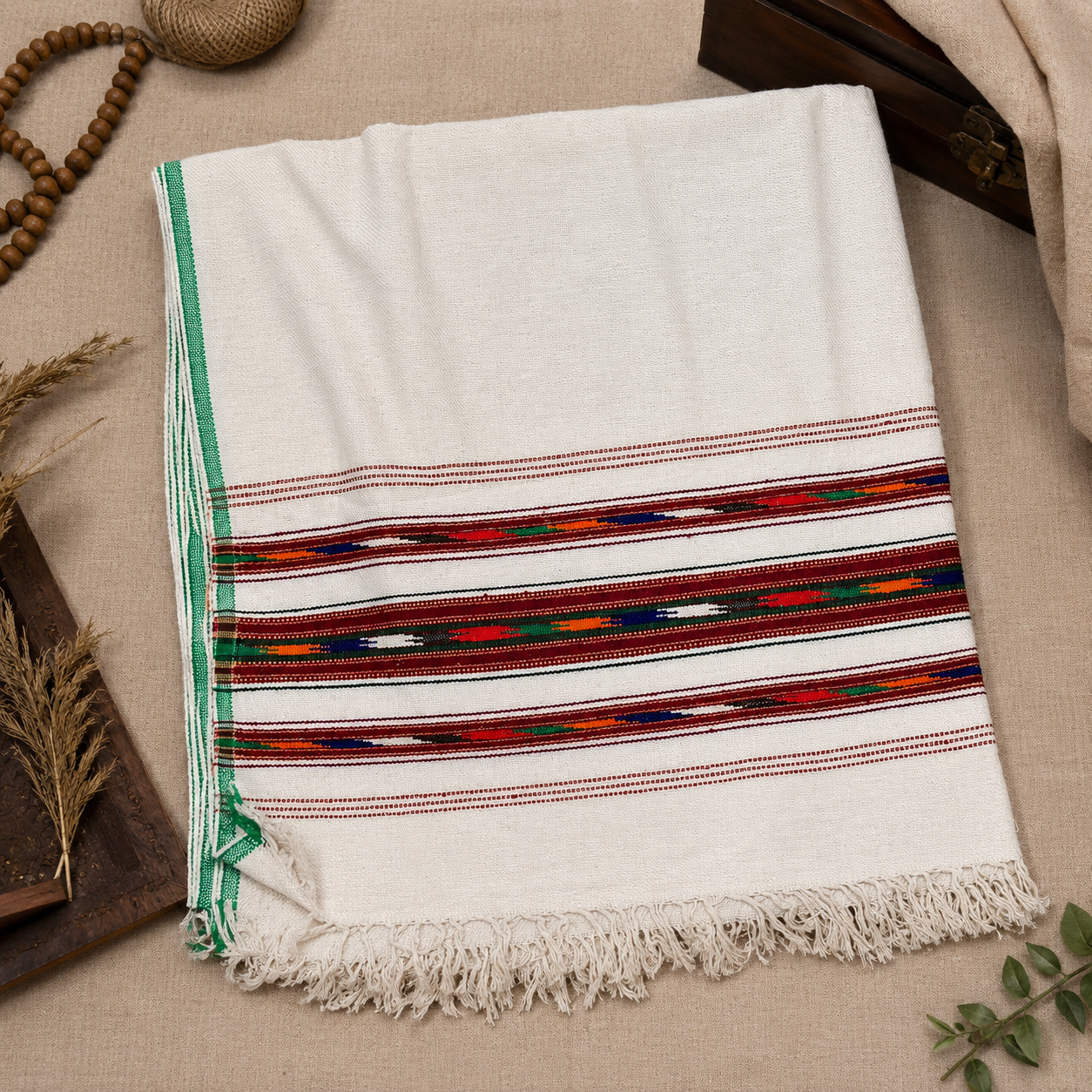 Handmade White Handloom Shawl for Men – Traditional Multicolor Woven Border