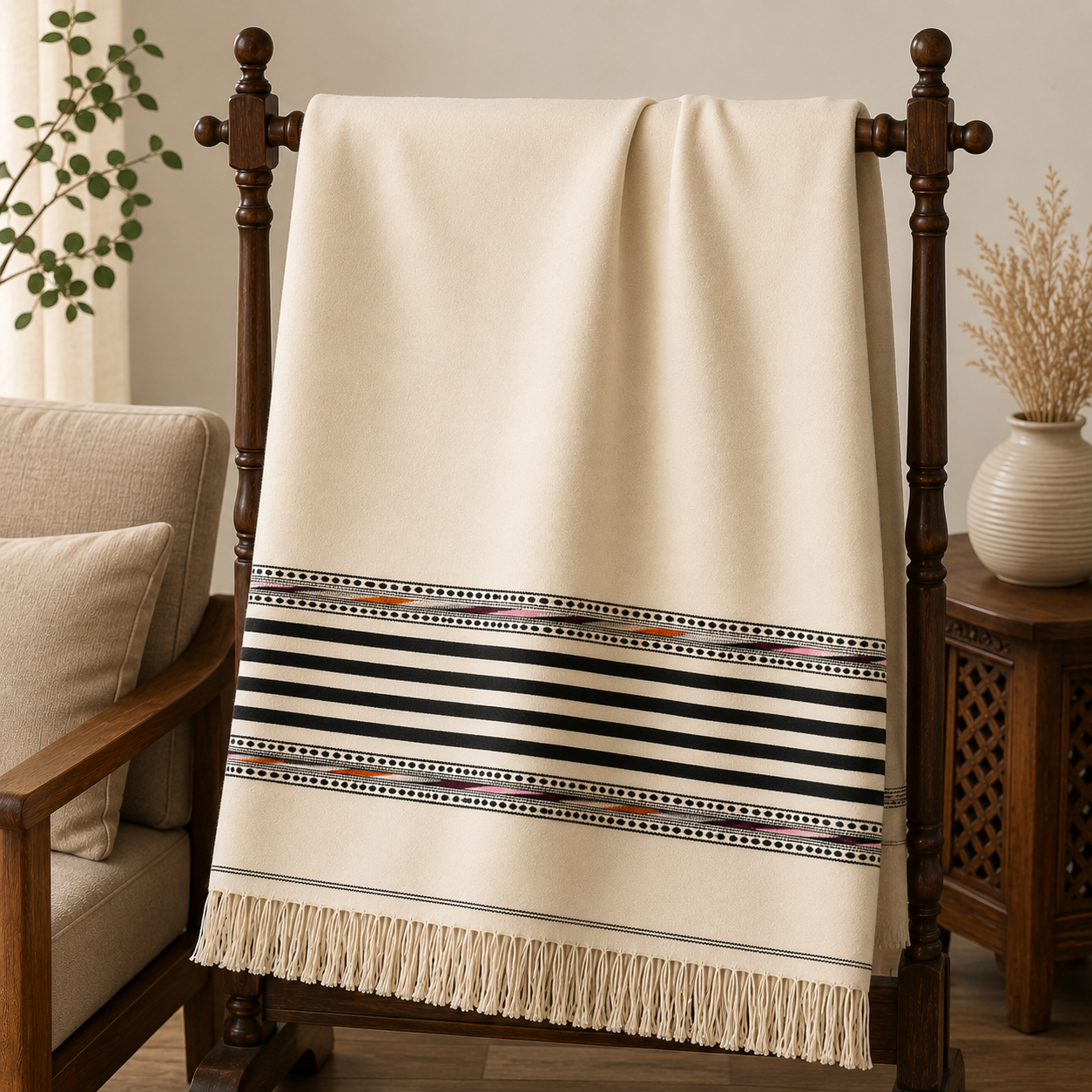 Off white Pure Wool Shawl with Multi borders design - SH-13