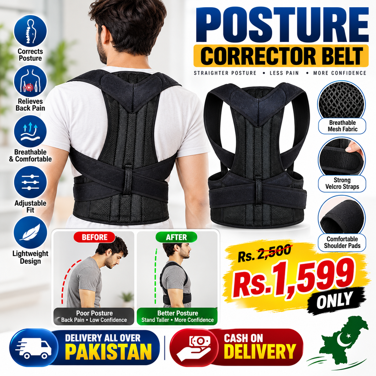 POSTURE CORRECTOR BELT FOR MEN & WOMEN – ADJUSTABLE BACK SUPPORT BELT, BLACK