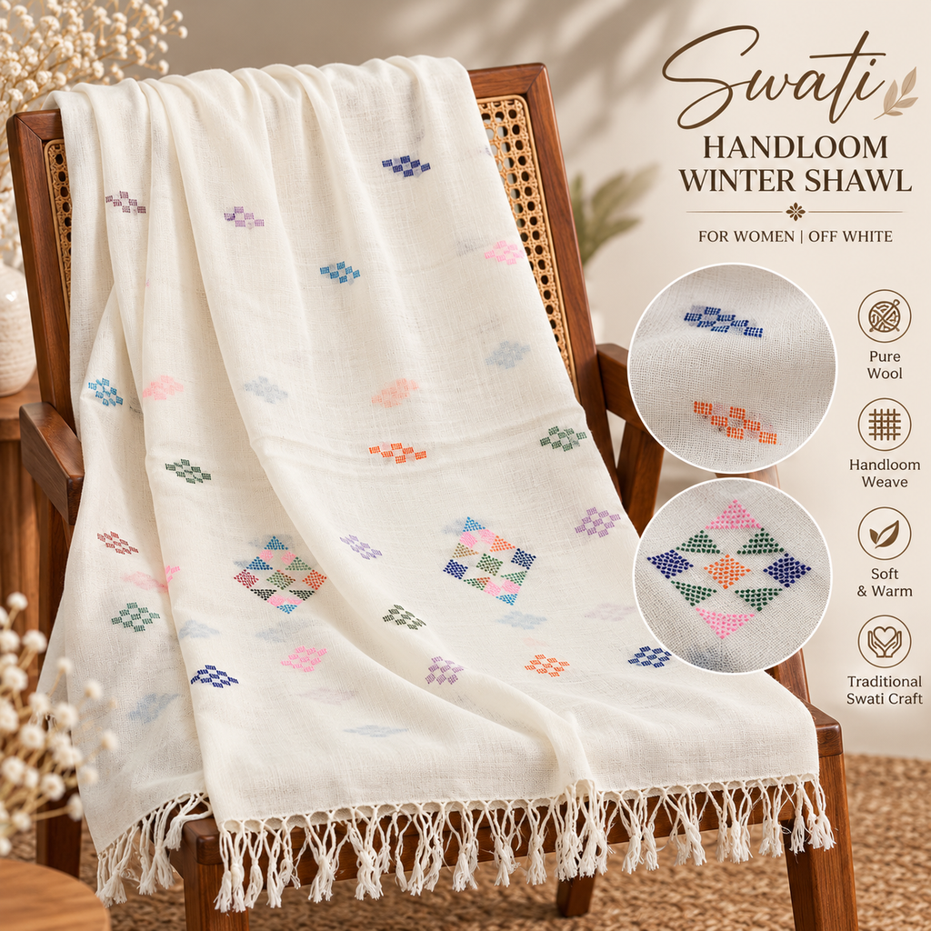 Women’s Swati Handloom Winter Shawl – Off-White Wool Shawl