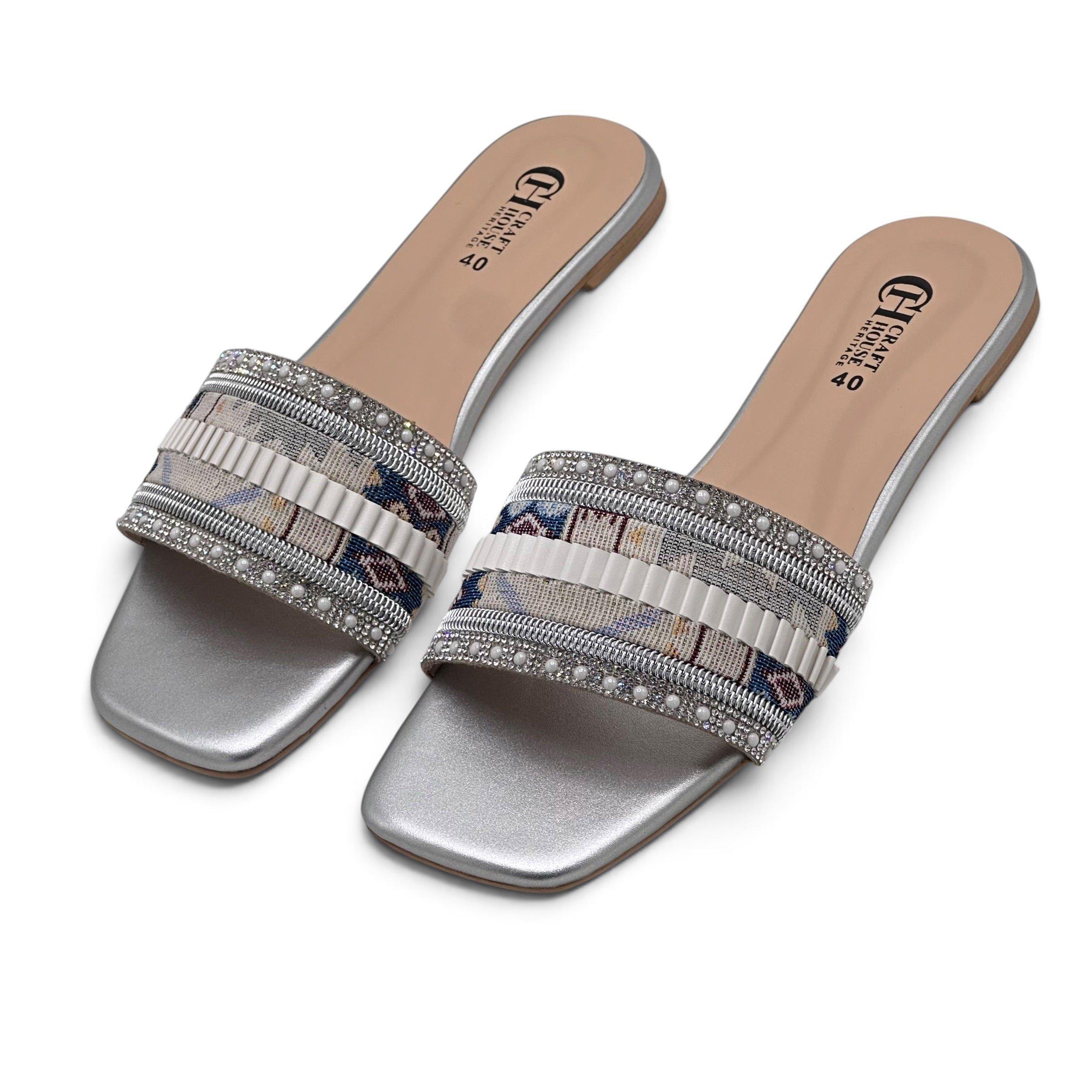 Handmade Silver Women's Flat Slippers – Elegant Embellished Soft Sole Slip-On Sandals for Casual, Party & Festive Wear