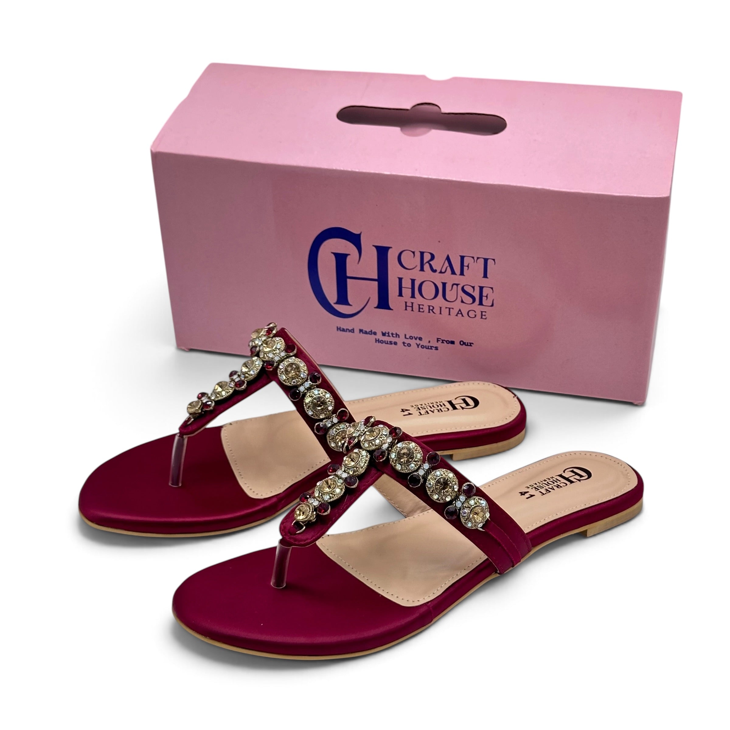 andmade Mehroon Embellished Women's Flat Slippers – Elegant Soft Sole Fancy Sandals for Party