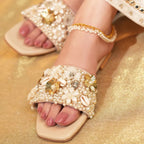 Handmade Pearl Embellished Ladies Flat Slippers – Elegant Floral Beaded Summer Slides | Soft & Comfortable Casual Sandals