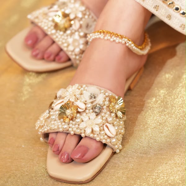 Handmade Pearl Embellished Ladies Flat Slippers – Elegant Floral Beaded Summer Slides | Soft & Comfortable Casual Sandals