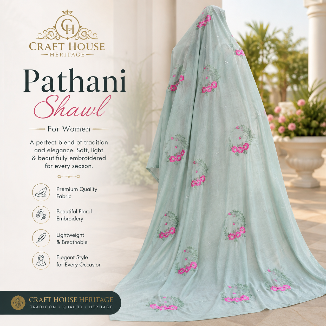 Handmade Pathani Shawl Complete Hand Work - Sky Blue