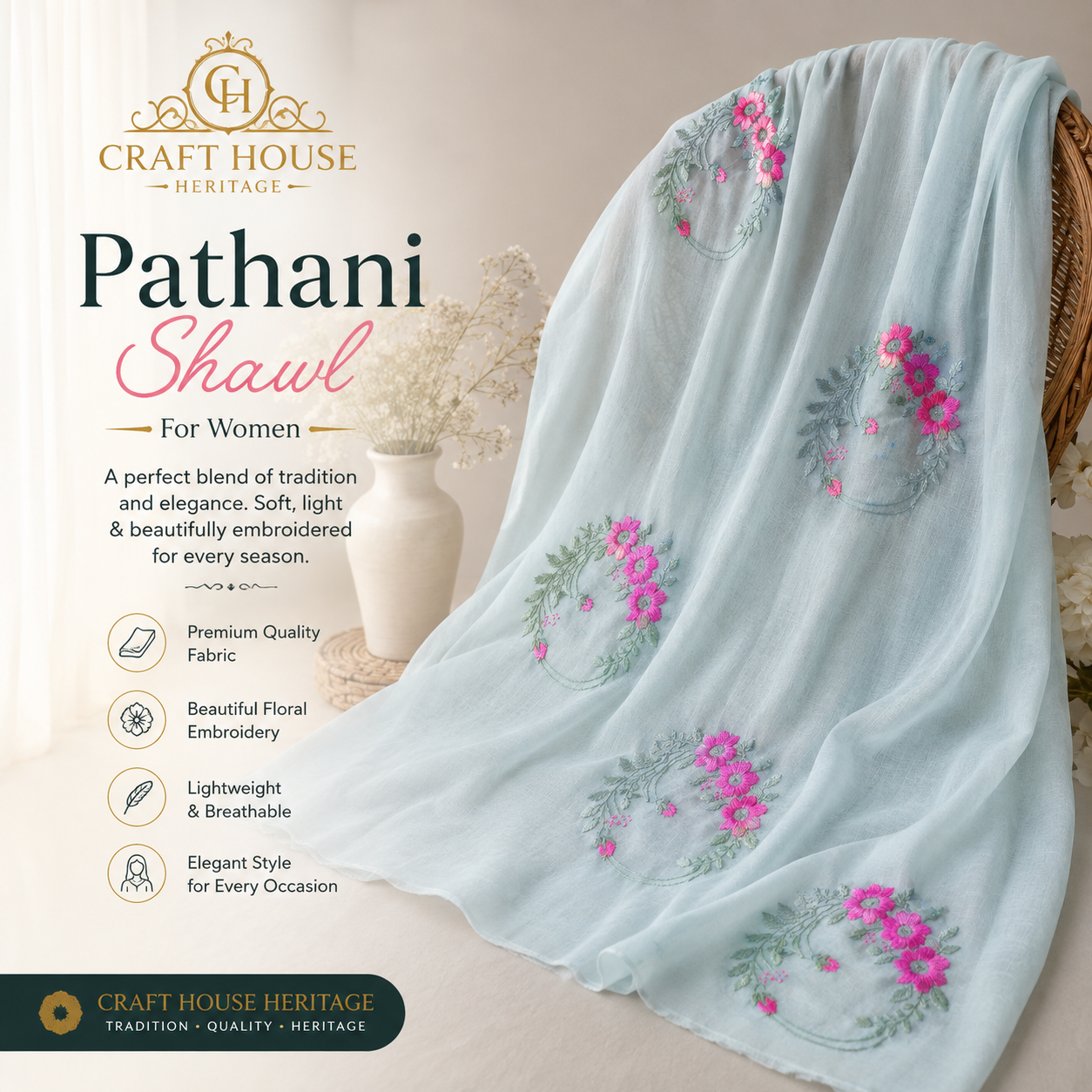 Handmade Pathani Shawl Complete Hand Work - Sky Blue