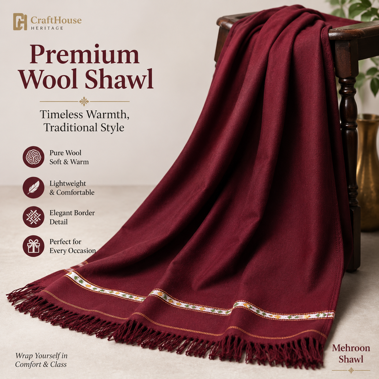 Swati Woolen Shawl For Men - Mehroon