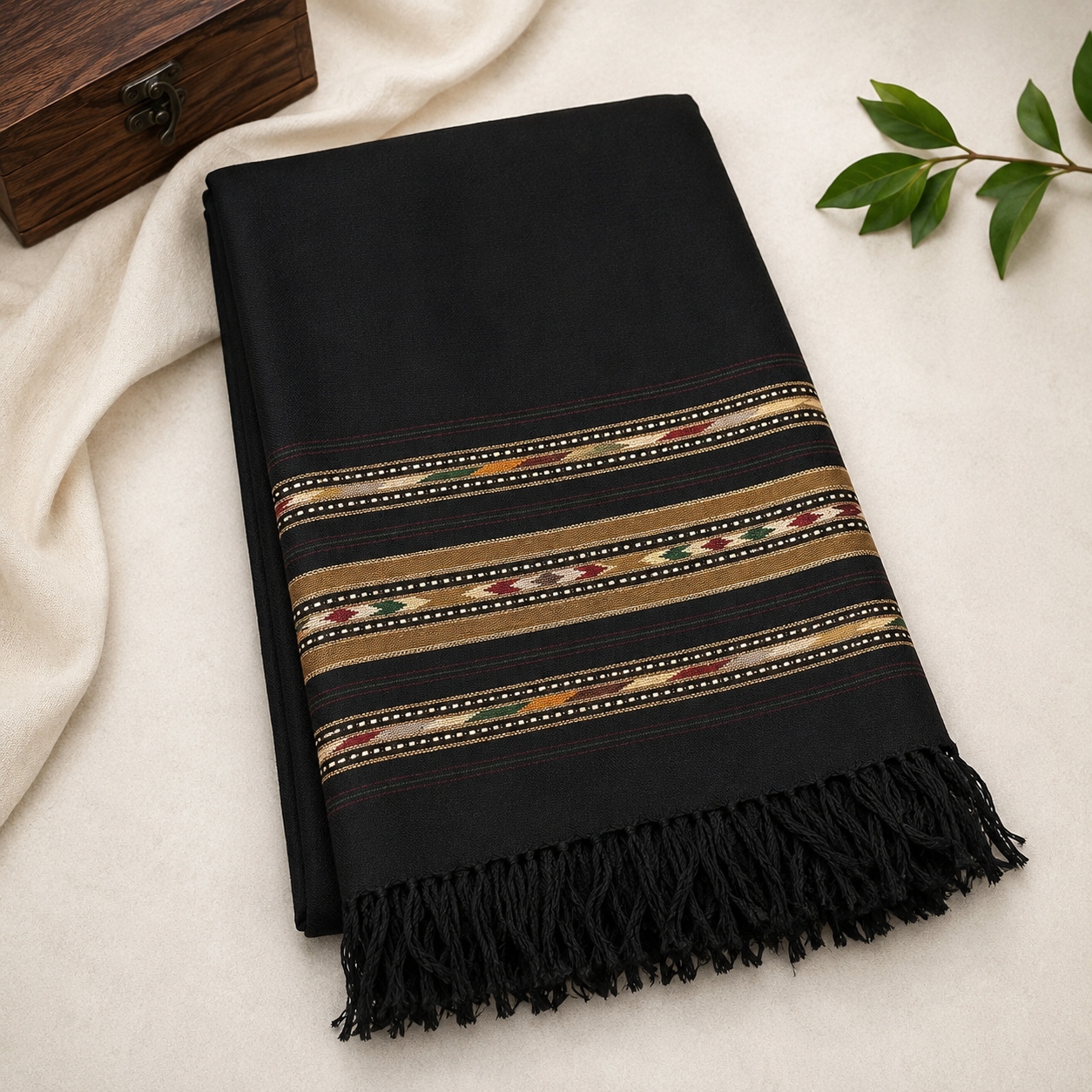Pure wool Shawl for Men with Tri Border- Black