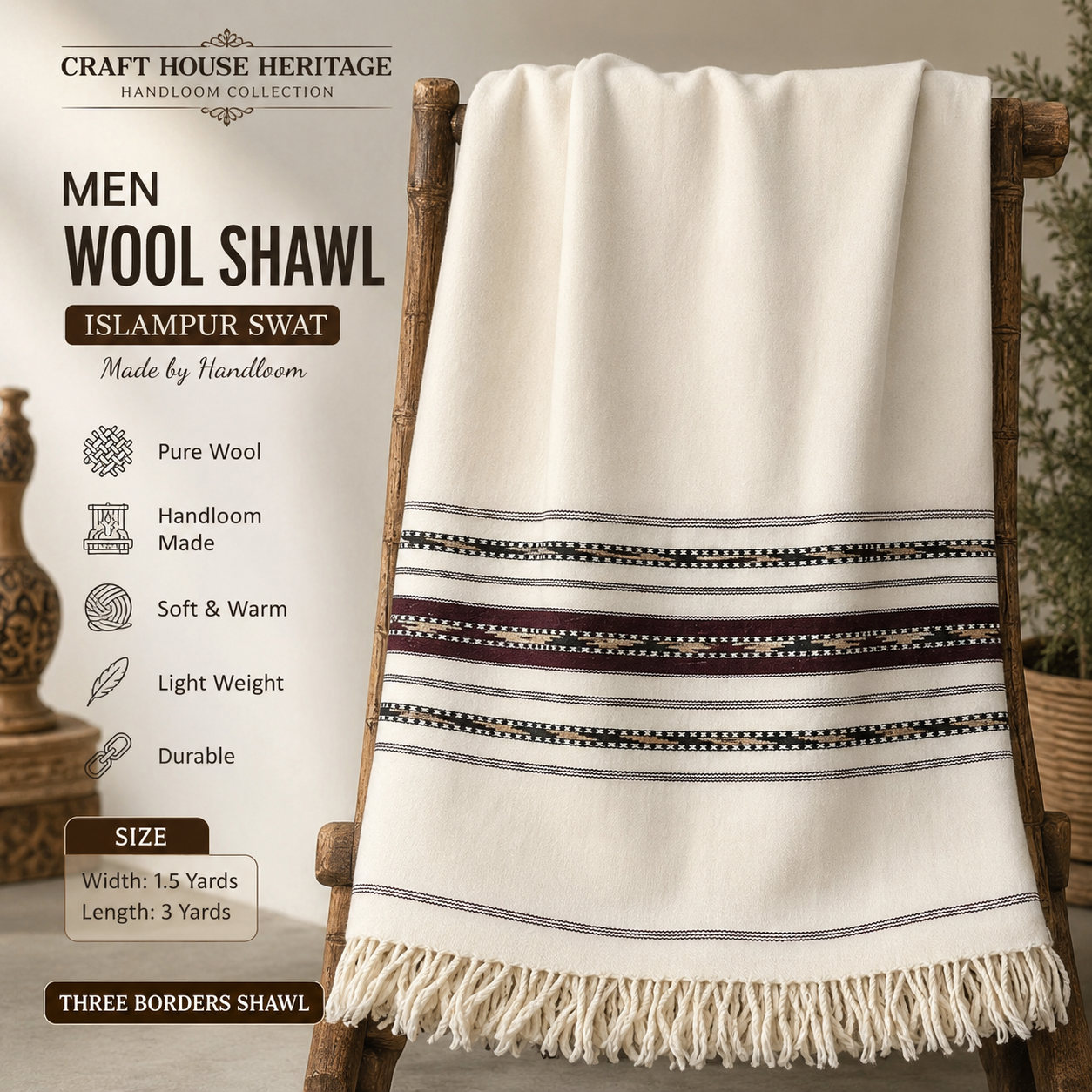 Handmade pure wool Men Shawl tri border