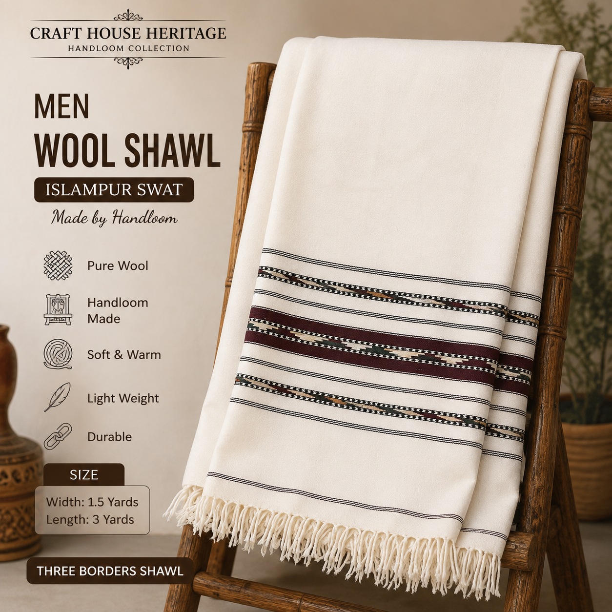Handmade pure wool Men Shawl tri border