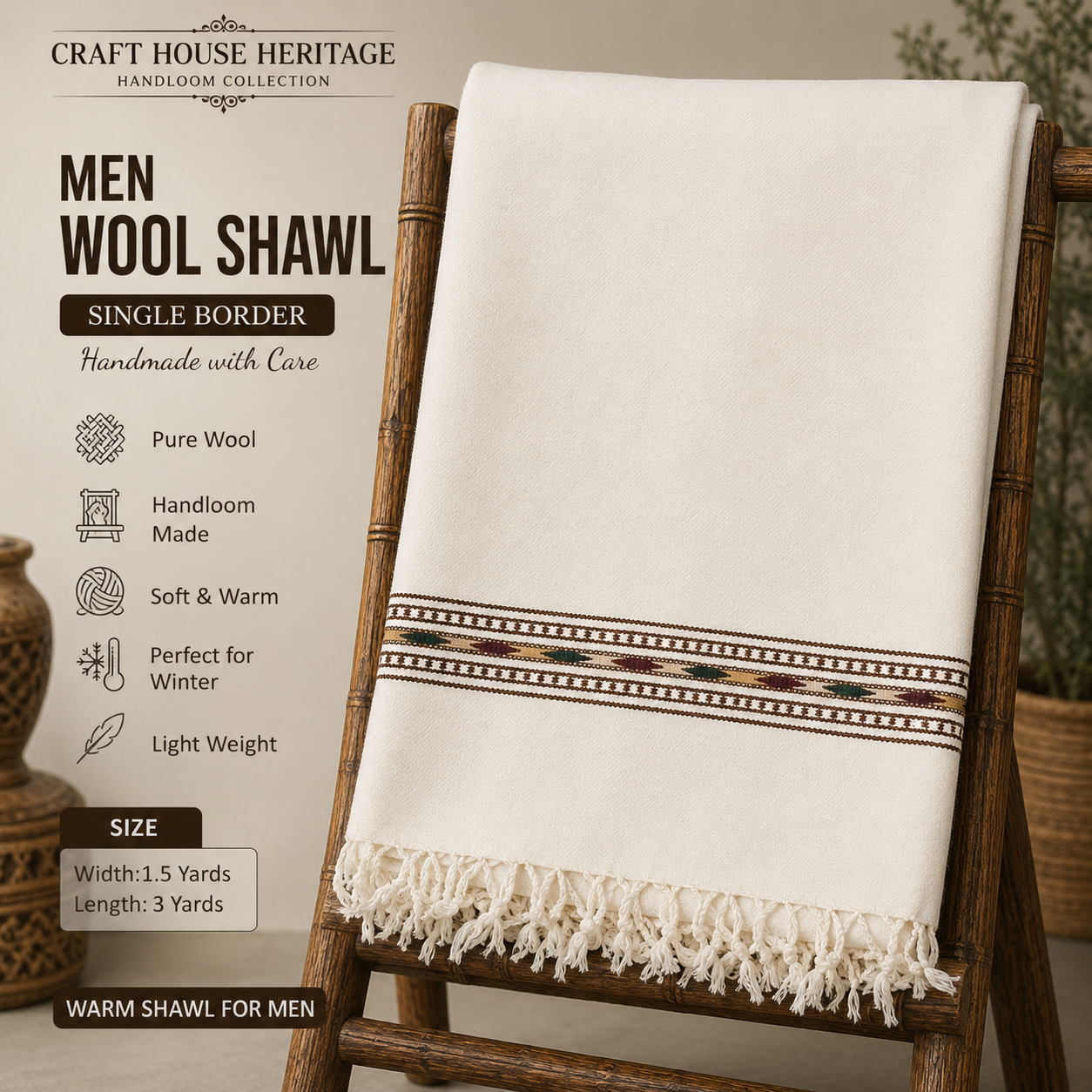 Off white warm winter shawl for men- Single border