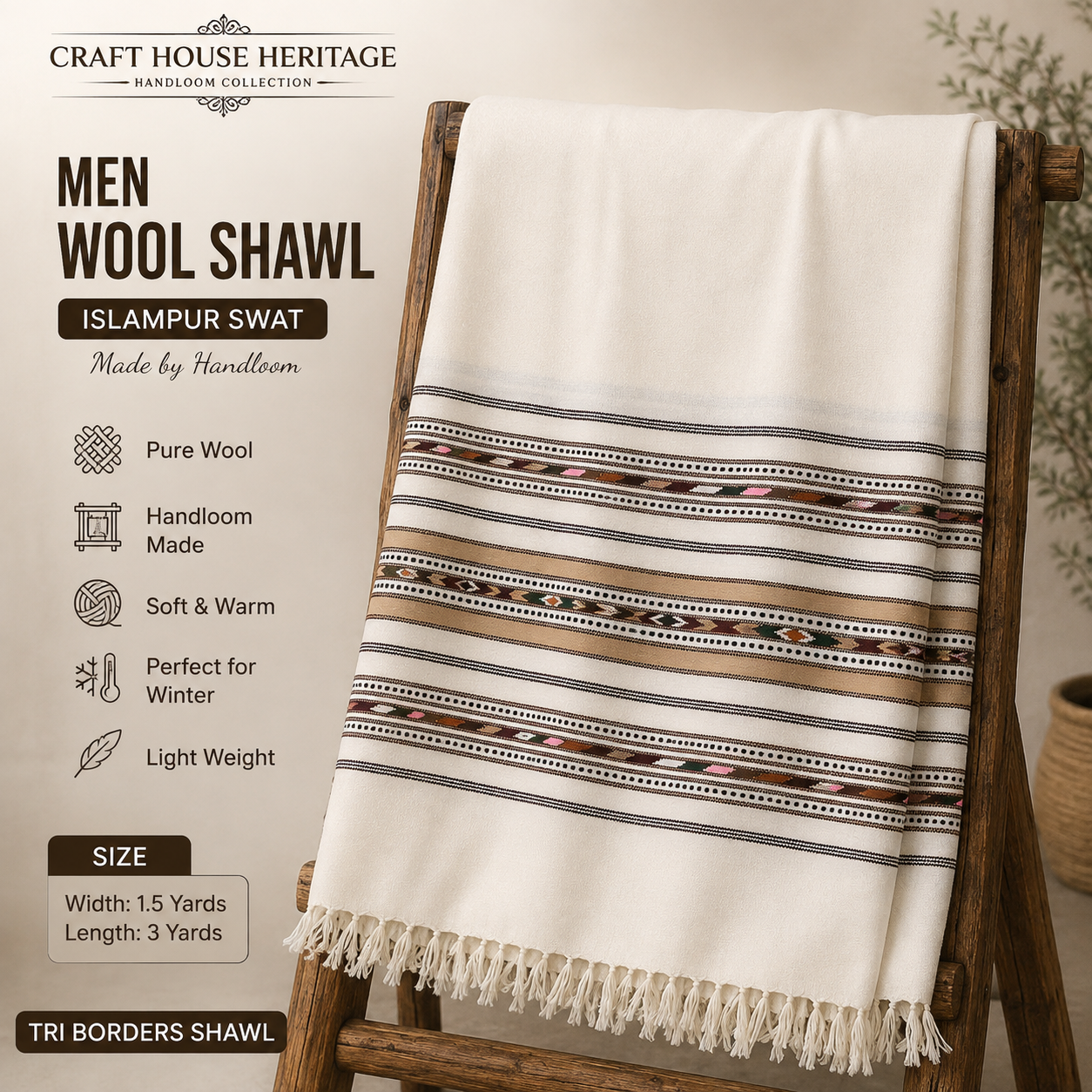 Handmade tri border off  white shawl for men