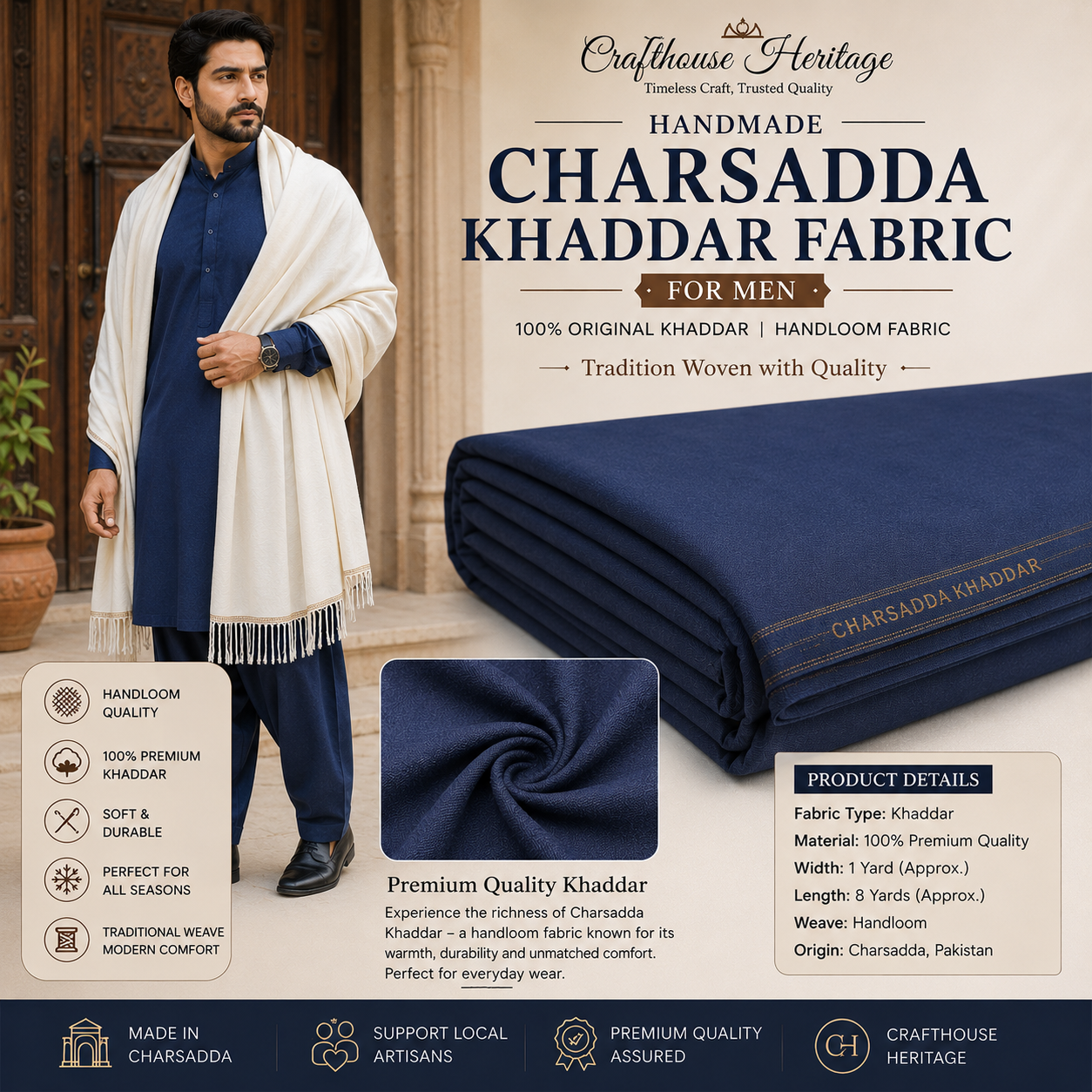 Charsadda handmadw khaddar Fabric for men - Navy Blue