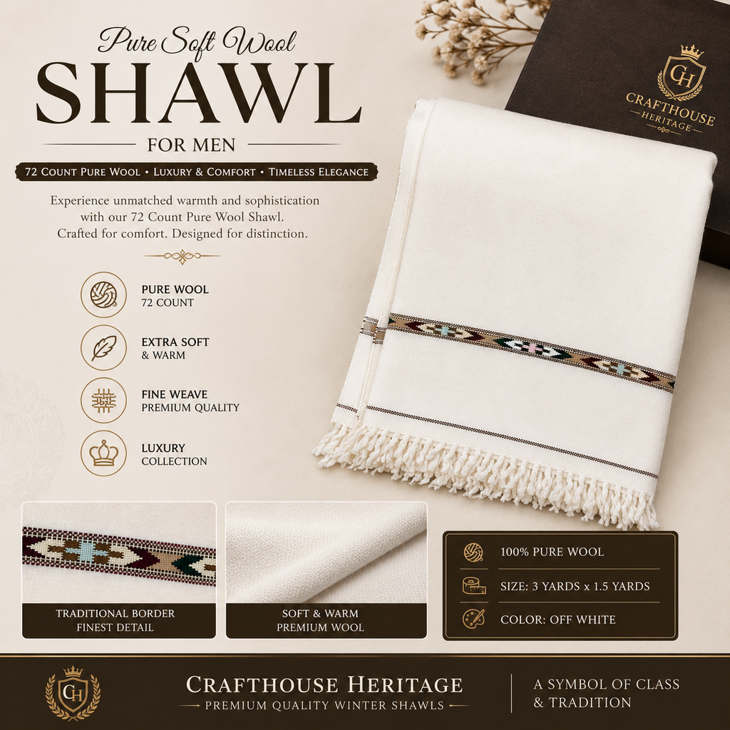 Premium Triple 72 Pure Wool Handloom Shawl – Off White - SH-12