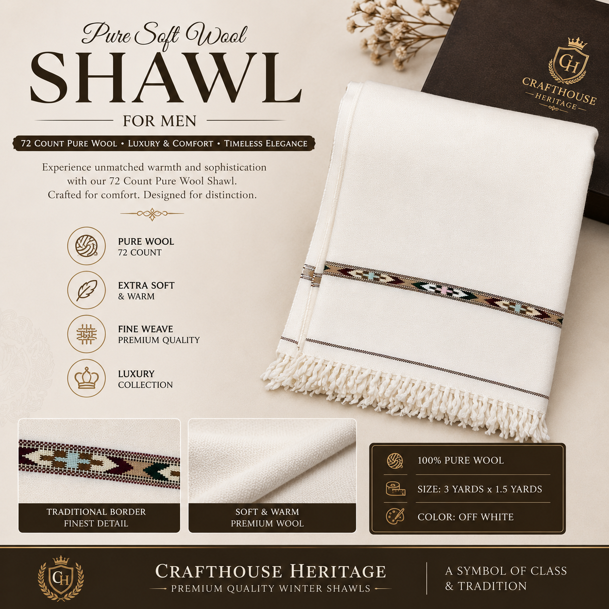 Premium Triple 72 Pure Wool Handloom Shawl – Off White - SH-12
