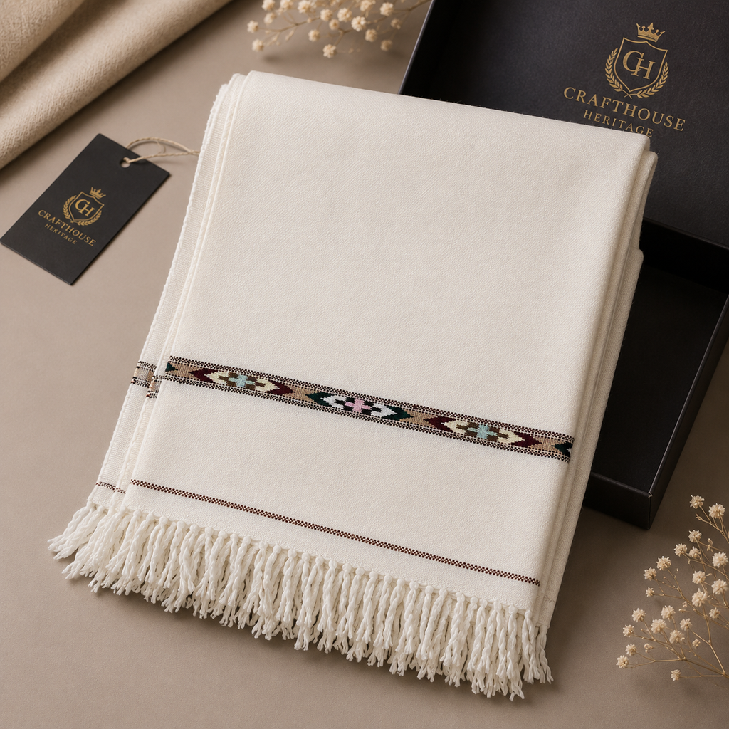 Premium Triple 72 Pure Wool Handloom Shawl – Off White - SH-12