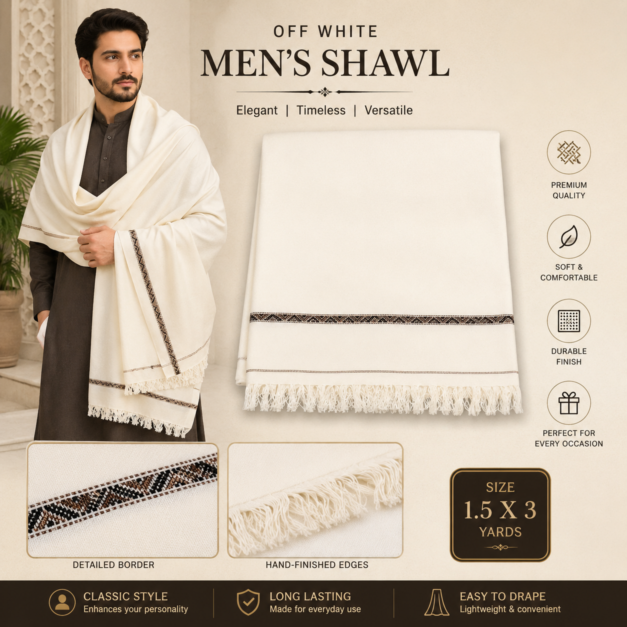 Handmade off white shawl for men