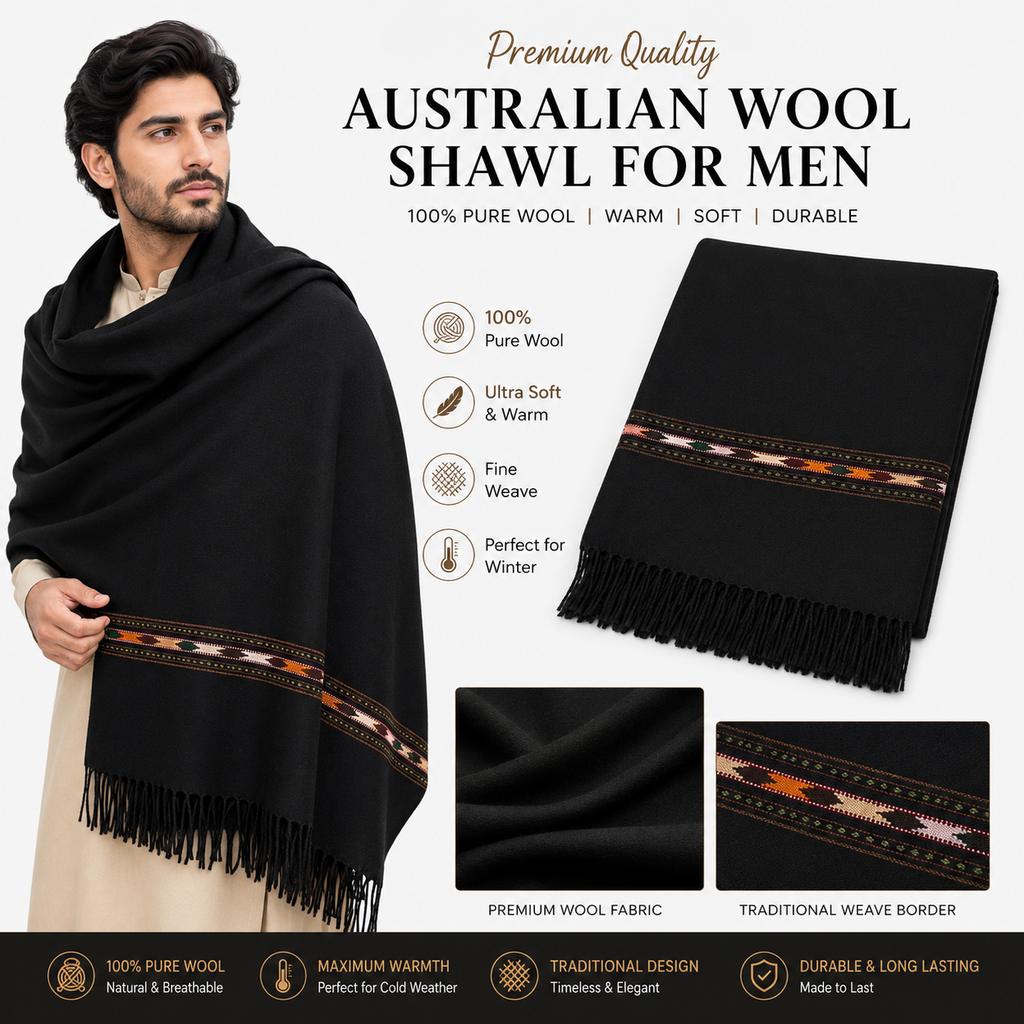 Black Australian Wool Shawl for Men – 100% Pure Wool -SH-20