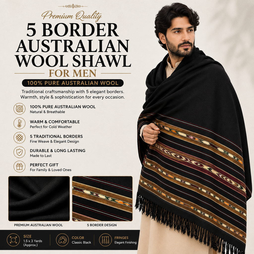 Black 5 Border Australian Wool Shawl for Men – 100% Pure Wool-SH-21