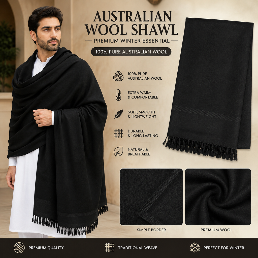 Premium Black Australian Wool Shawl for Men – Simple Border- SH-22