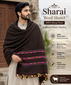 Traditional Sharai Wool Shawl for Men – 100% Sheep Wool with Colorful Ball Tassels - SH-23A