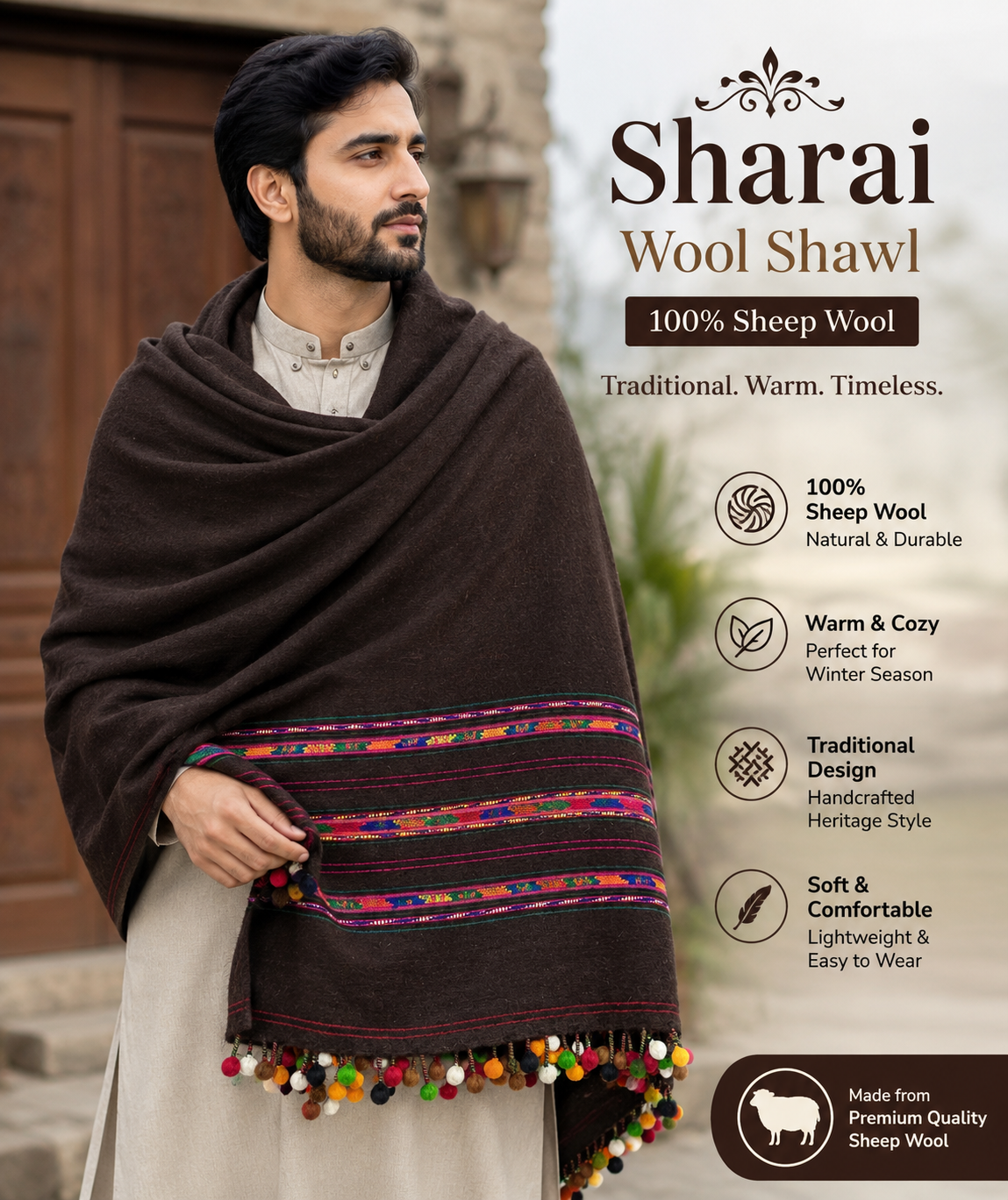 Traditional Sharai Wool Shawl for Men – 100% Sheep Wool with Colorful Ball Tassels - SH-23A