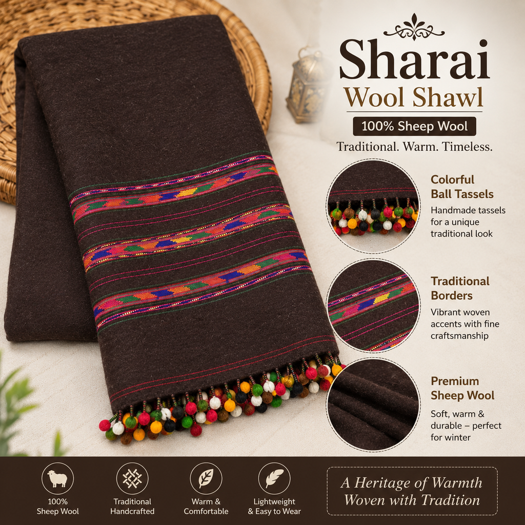 Traditional Sharai Wool Shawl for Men – 100% Sheep Wool with Colorful Ball Tassels - SH-23A