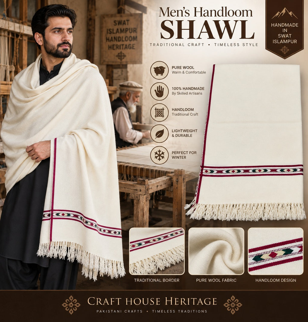 Men’s Off-White Lambswool Handloom Shawl – Soft Single Border Shawl SH-24