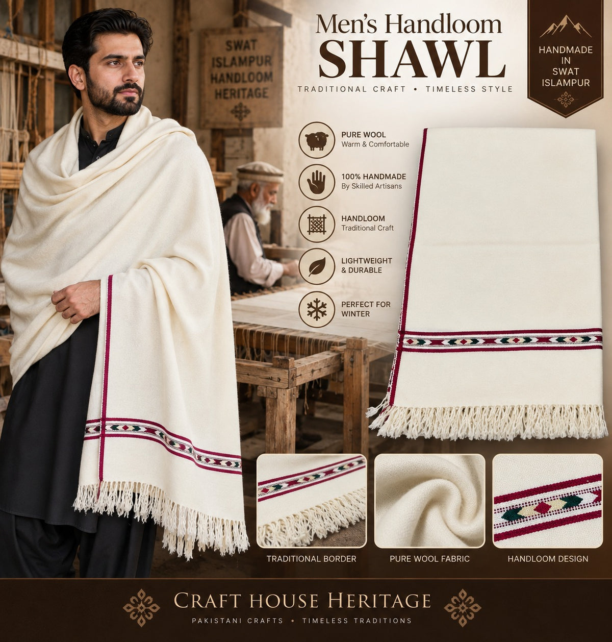 Men’s Off-White Lambswool Handloom Shawl – Soft Single Border Shawl SH-24