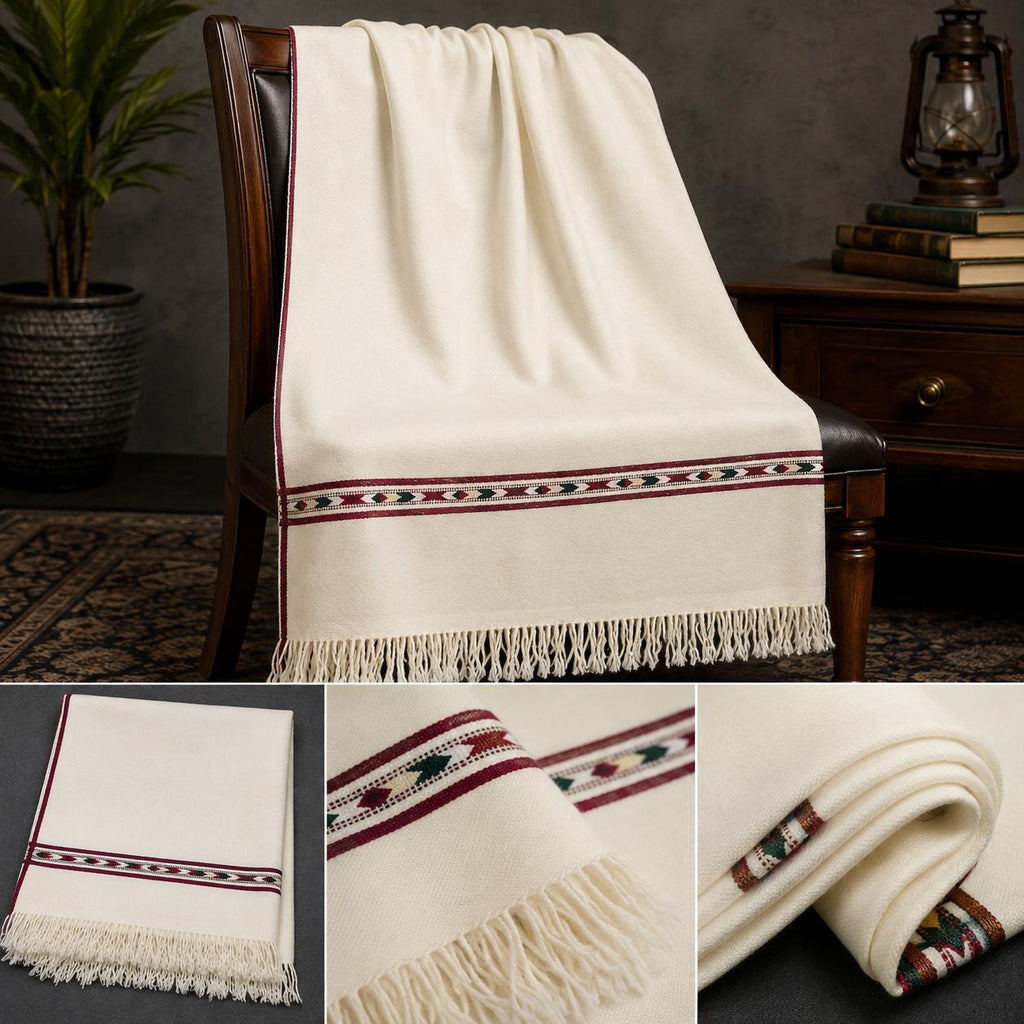 Men’s Off-White Lambswool Handloom Shawl – Soft Single Border Shawl SH-24
